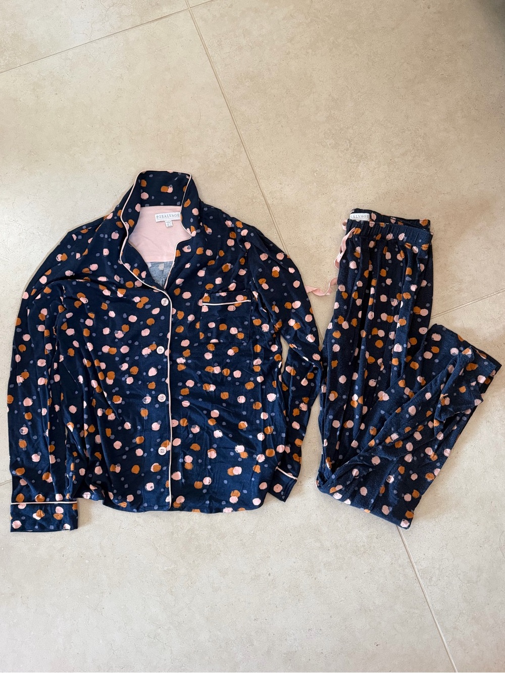 P.J. Salvage Navy Pajama Set with Pink & Orange Polka Dots